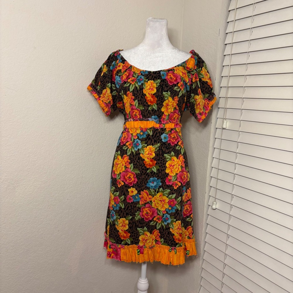 90s Maximalist Brown Orange Cheetah Floral Ruffle Puff Sleeve dress size 14